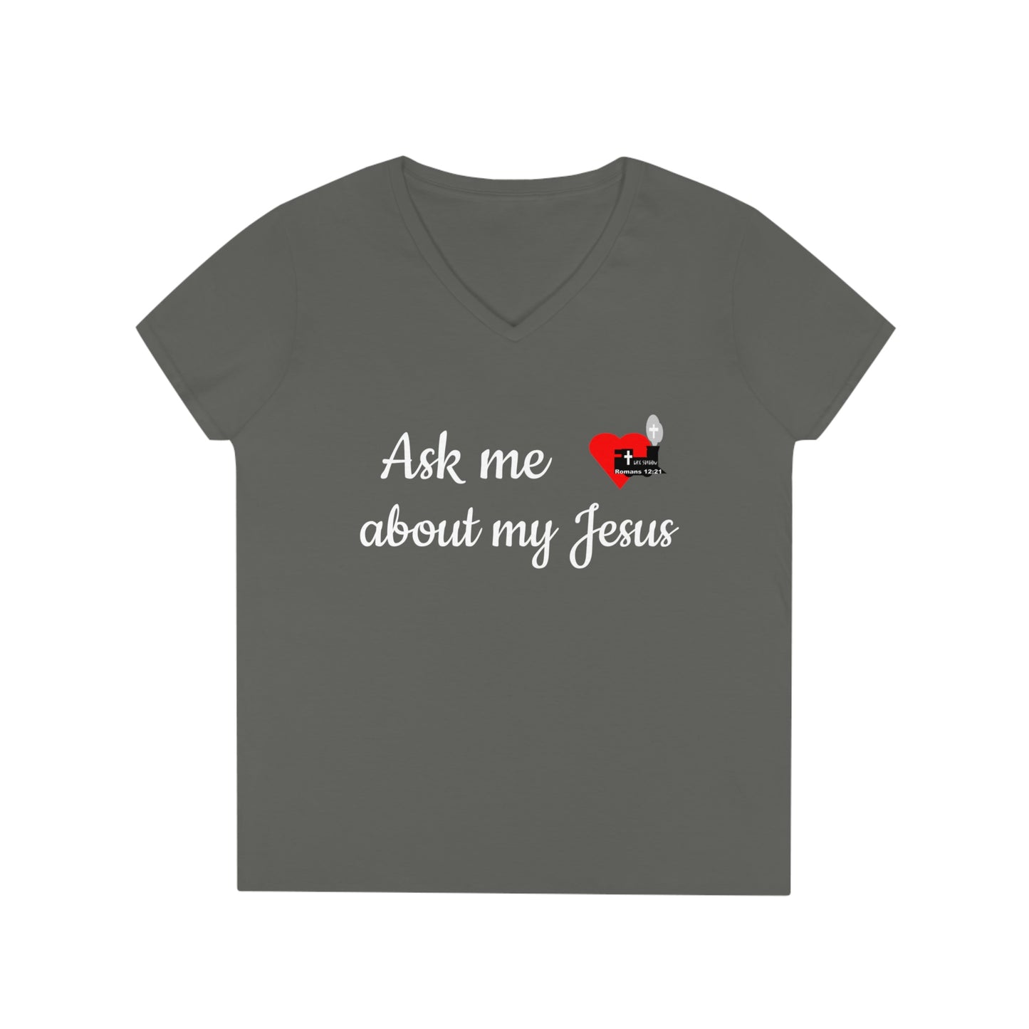 LifeStation Ask me about my Jesus Ladies' V-Neck T-Shirt