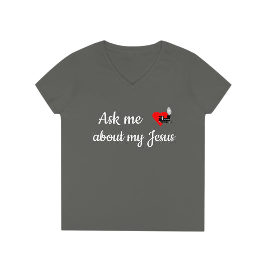 LifeStation Ask me about my Jesus Ladies' V-Neck T-Shirt