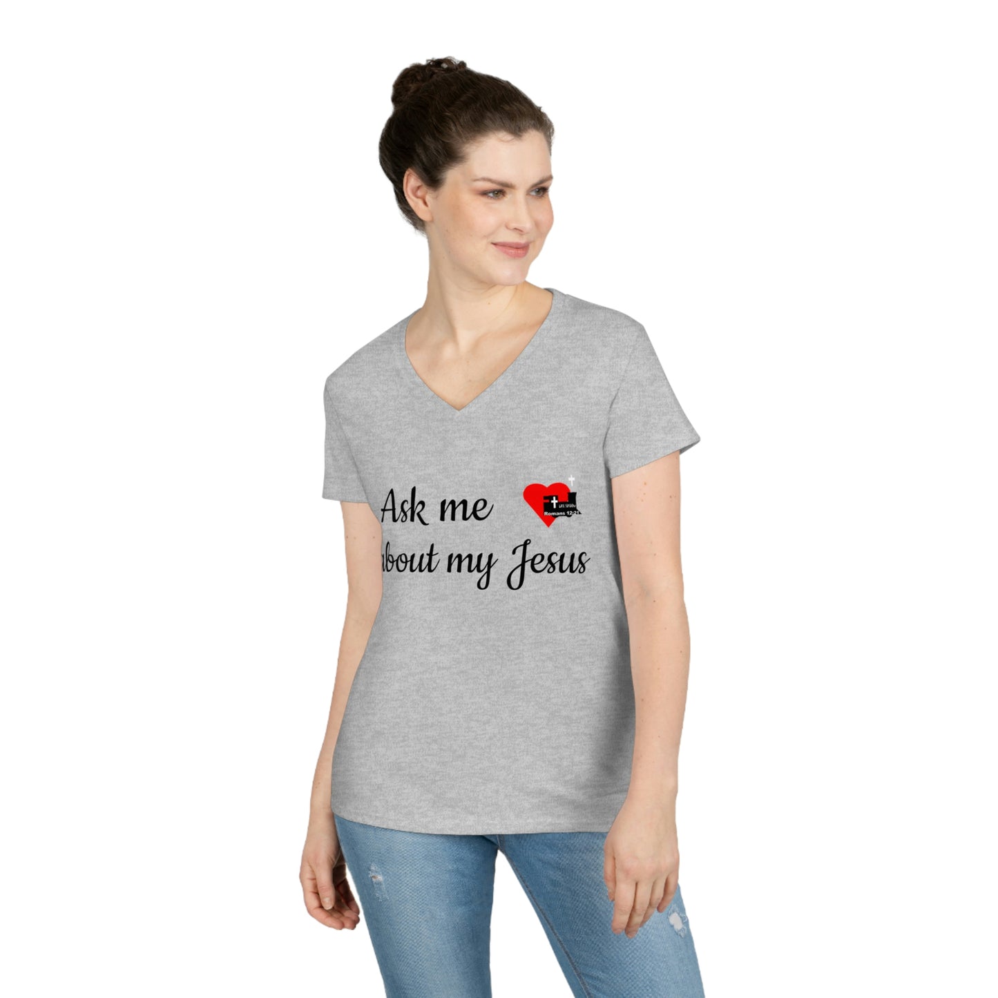 LifeStation Ask me about my Jesus Ladies' V-Neck T-Shirt
