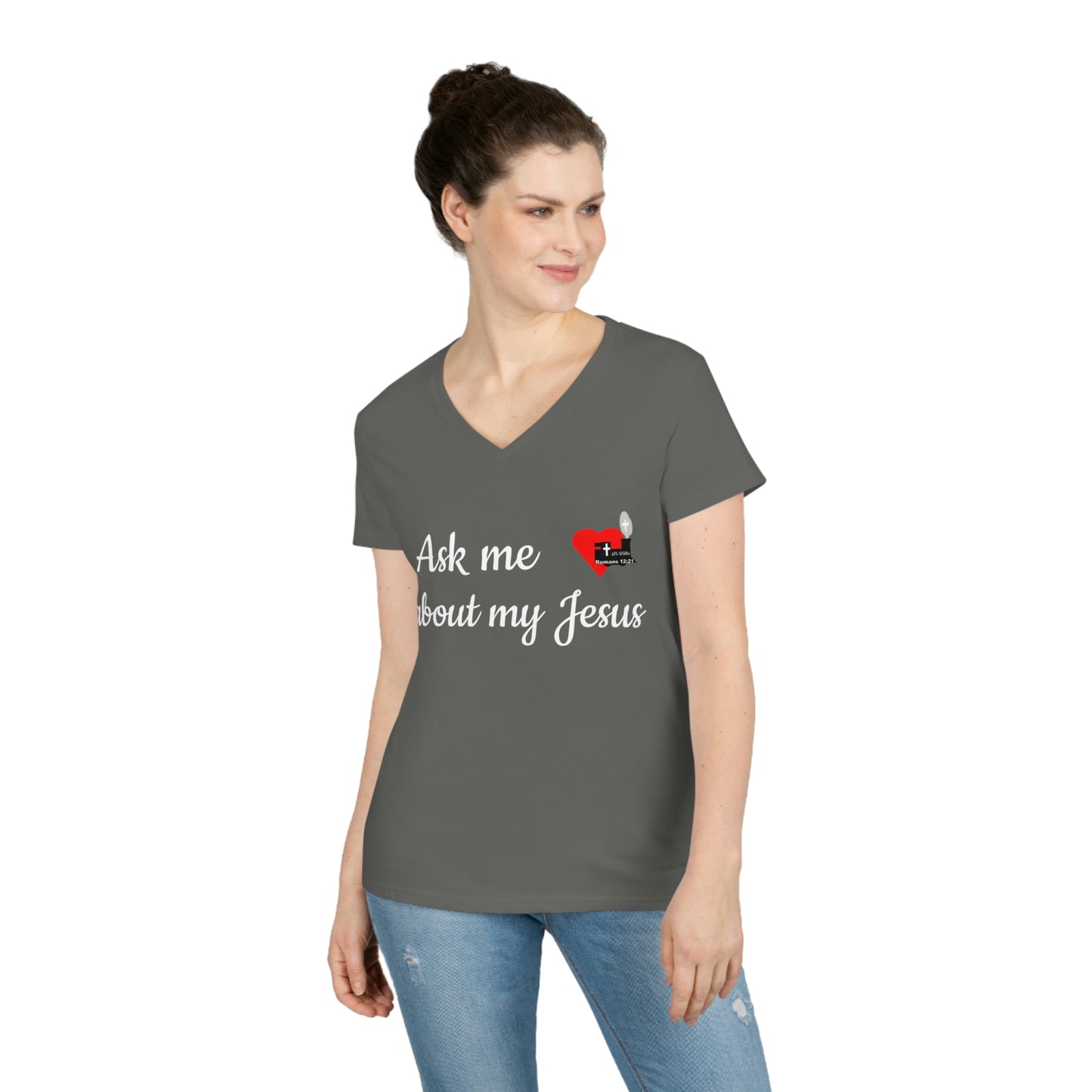 LifeStation Ask me about my Jesus Ladies' V-Neck T-Shirt
