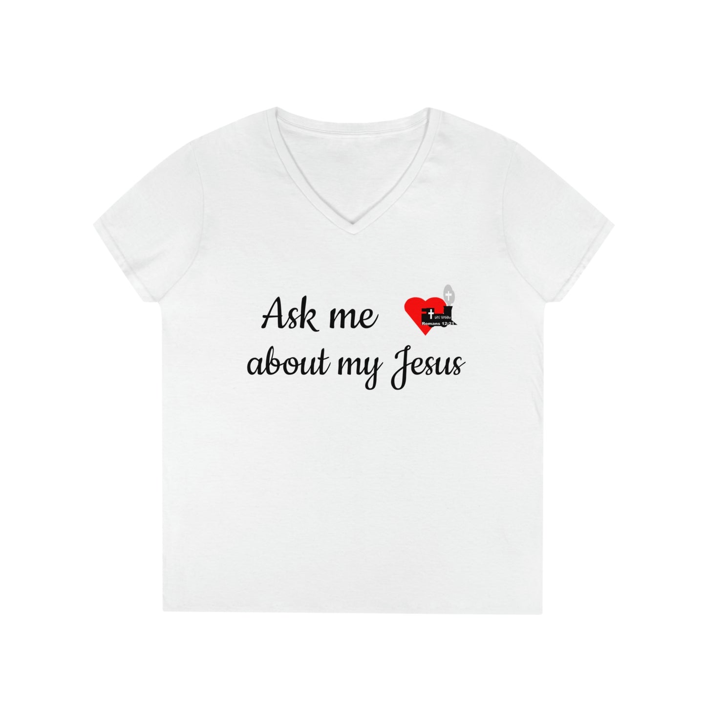 LifeStation Ask me about my Jesus Ladies' V-Neck T-Shirt