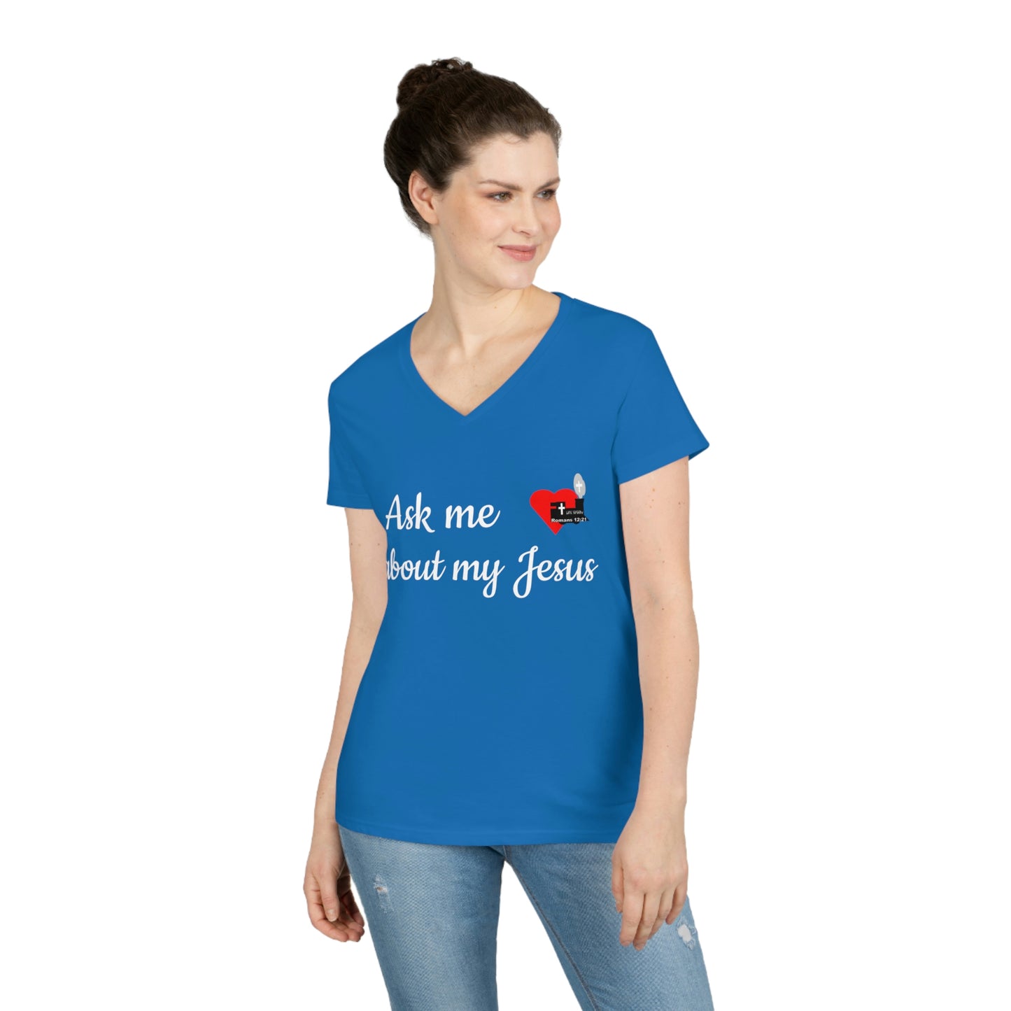 LifeStation Ask me about my Jesus Ladies' V-Neck T-Shirt