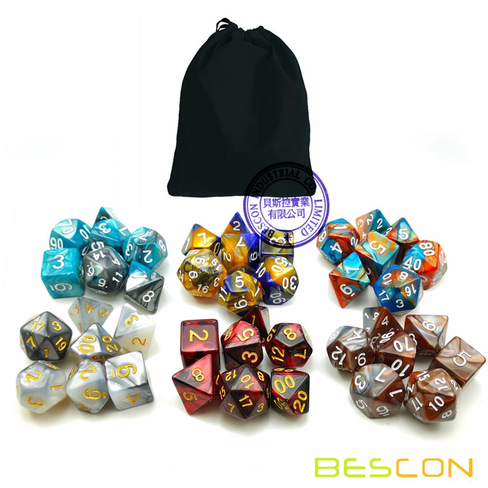Bescon New Style 6X7 42pcs Polyhedral Dice Set, 6 Unique Shiny Two-Tone Gemini Polyhedral 7-Die Sets for RPG DND Games